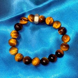 Unisex Tiger Eye Gemstone & Nut BeadedBracelet ≈8”